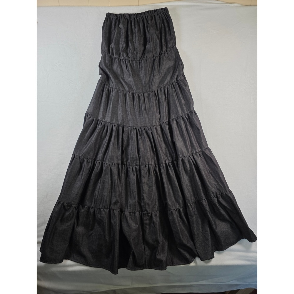 Ranch Royalty Tiered Maxi Dress Smocked Strapless Cotton Small Dark Wash Western